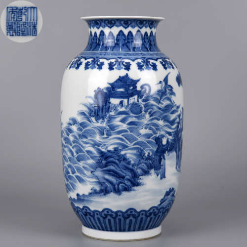A Blue and White Landscape Lantern Vase Qing Dynasty