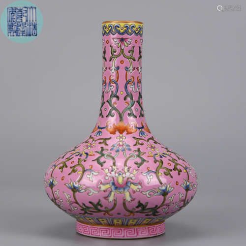 A Famille Rose Lotus Scrolls Vase Qing Dynasty