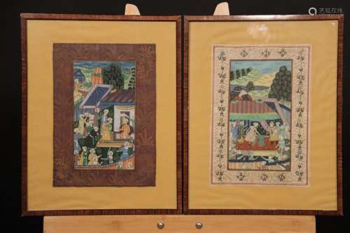 Réunion de deux miniatures Perses. Scènes de palais. Dimensi...