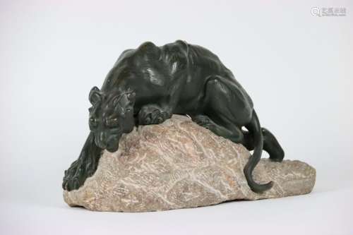 « Félin sur un rocher » par COINCHON, grand bronze à patine ...