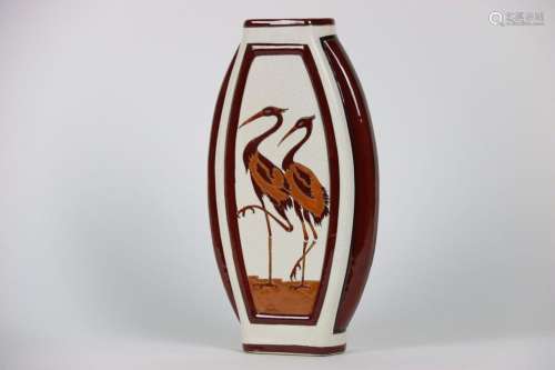 Grand vase style Art Déco en craquelé à décor d'échassiers (...