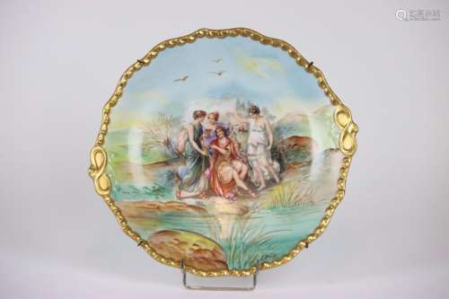 Plat porcelaine rehauts d'or décor signé Gaston Carville (XI...