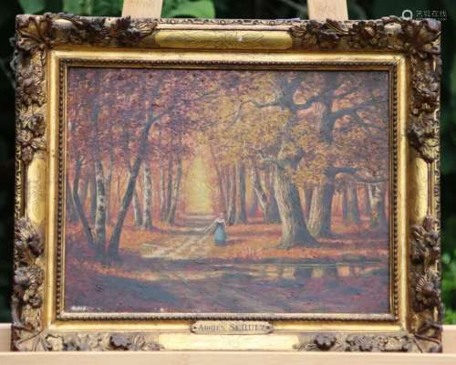 Adrien SCHULZ (1851-1931). Chemin de forêt, huile sur toile....