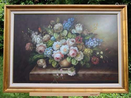 L. MERCIER. École du XXème. Bouquet de fleur. Huile sur toil...