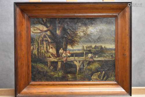 Ecole du XIXème siècle, Enfants au pont, huile sur toile. Si...