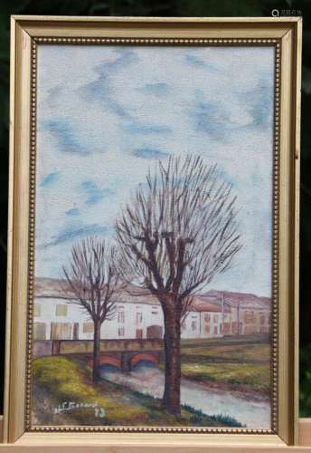 Ecole du XXe siècle. Paysage de ville avec arbres. Huile sur...