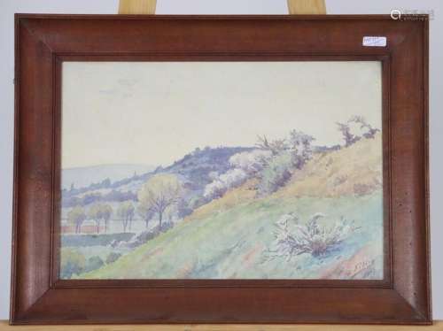 École du XXe siècle. Paysage de campagne. Aquarelle. Signé e...