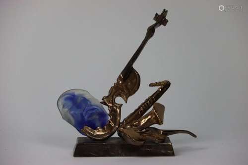 YVES LOHE (1947). Sculpture en bronze doré et verre teinté b...