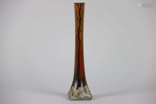 ART NOUVEAU: Legras. Vase berluze en verre orangé émaillé d'...