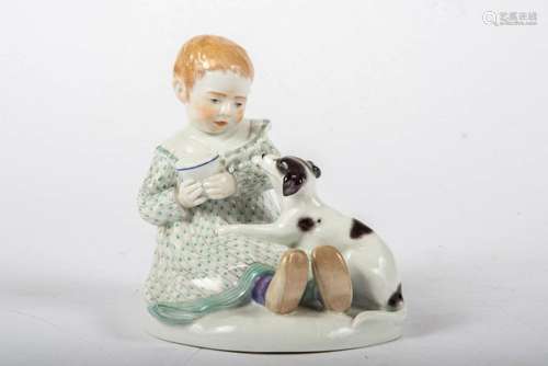 MEISSEN FIGUR Kind mit Hund. Entwurf Paul Rumrich