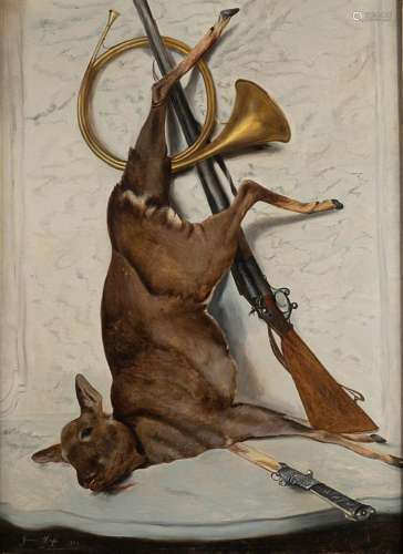 Jeanne DUFES (XIXè)Trophée de chasse avec cors de chasse et ...