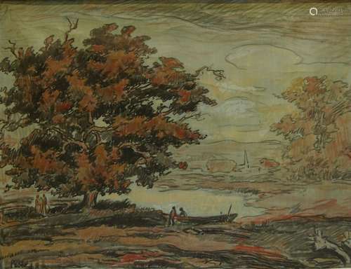 Jean PESKÉ (1870-1949)Bord de l'étang à l'automne.Huile sur ...