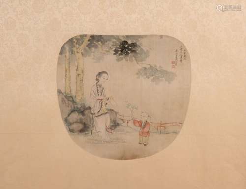 JAPON, XIXe siècle.Peinture sur soie figurant une femme et u...