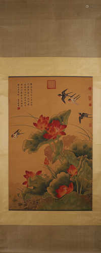 A Chinese lotus silk scroll painting, Huangquan mark