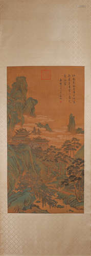 A Chinese landscape silk scroll painting, Wen Zhengming mark