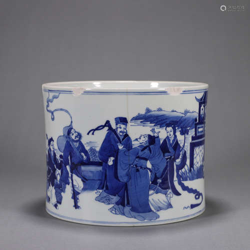 A blue and white figure porcelain brush pot