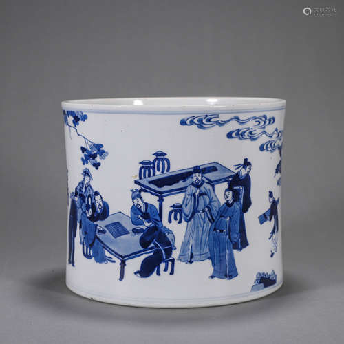 A blue and white figure porcelain brush pot