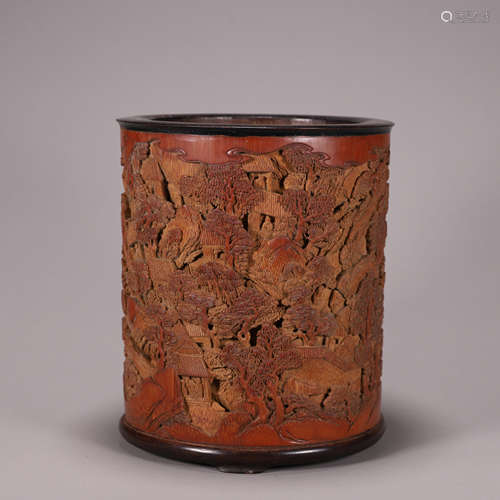 A pavilion carved bamboo brush pot