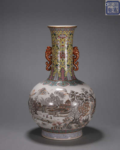 An ink colored landscape porcelain double-eared vase