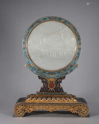 A cloisonne jade-inlaid figure patterned screen