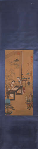 A Chinese figure silk scroll painting, Wang Zhenpeng mark