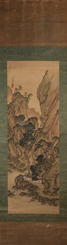 A Chinese landscape silk scroll painting, Daoyun mark