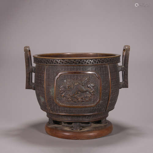 A qilin and phoenix bird patterned copper censer