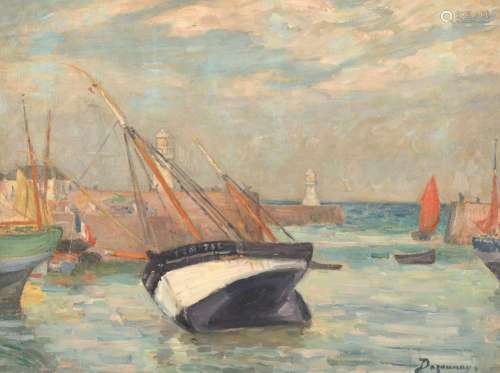 Emile DEZAUNAY (1854-1938) "Barque échouée à l'entrée d...