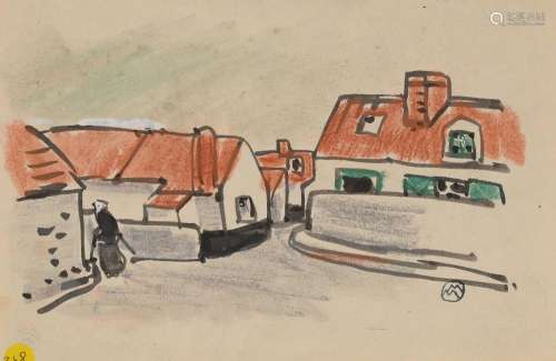 Mathurin MEHEUT (1882-1958) « Maisons aux toits rouge, femme...