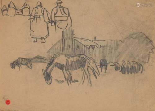 Mathurin MEHEUT (1882-1958) « Chevaux et personnages près de...