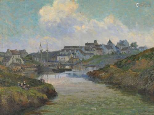 Gaston QUENIOUX (XIX-XX) "Le port de Douélan" hst ...