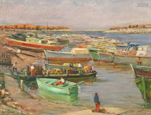 Emile SIMON (1890-1976) "Port de Larros animé" hst...