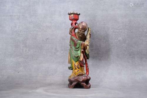 CHINE. Sage en bois sculpté polychrome. Hau