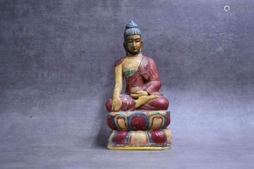 INDE. Bouddha en bois laqué polychrome. Hau