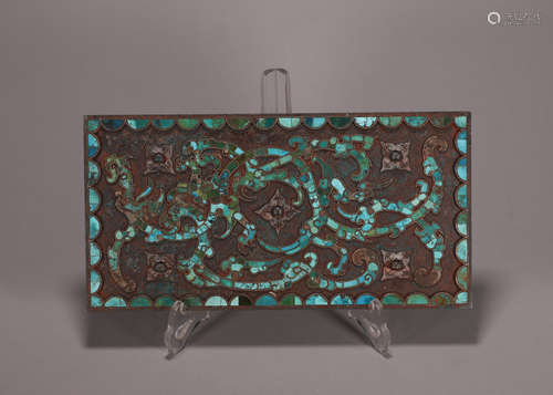 A dragon patterned turquoise-inlaid bronze squared mirror