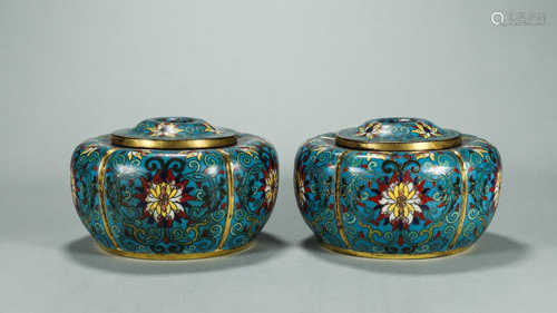 A pair of flower patterned pumpkin shaped cloisonne incense ...