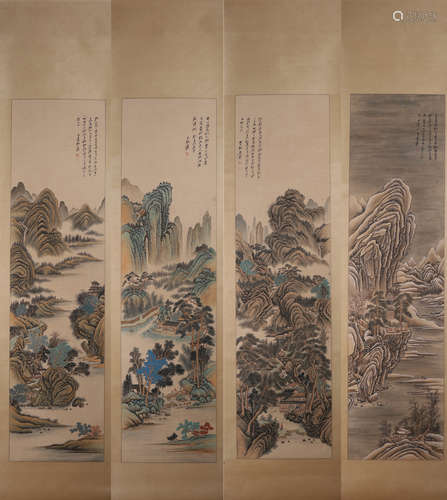 4 scrolls of Chinese landscape painting, Zhang Daqian mark