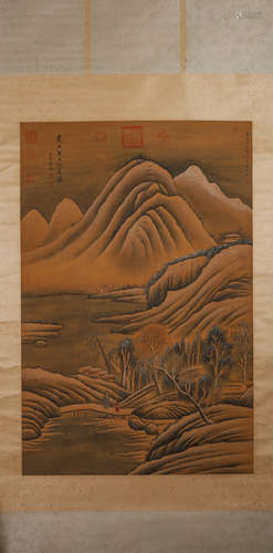 A Chinese landscape silk scroll painting, Huang Gongwang mar...