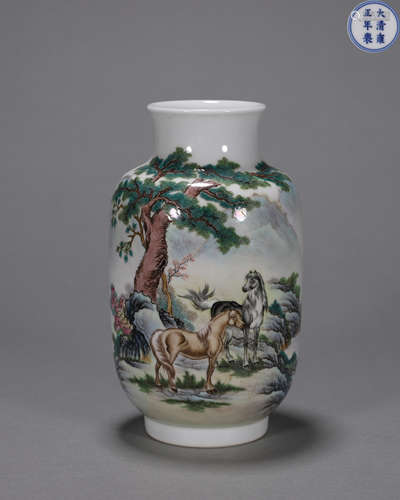 An inscribed multicolored horse porcelain lantern-shaped vas...