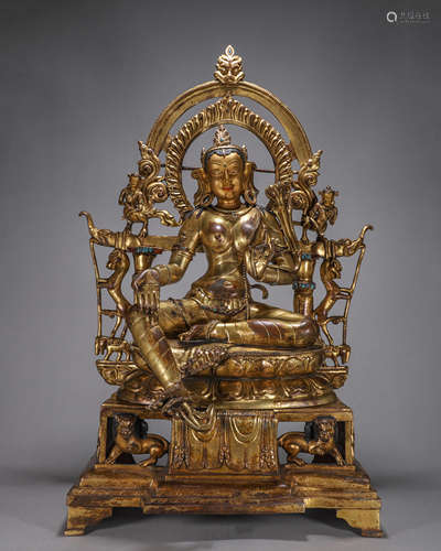 A gilding copper Tibetan green tara statue