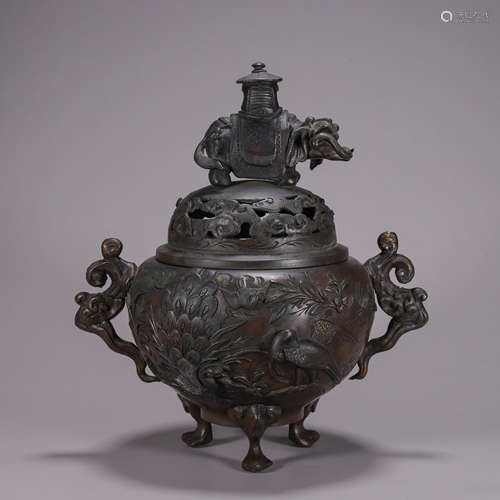 A phoenix bird patterned copper elephant censer