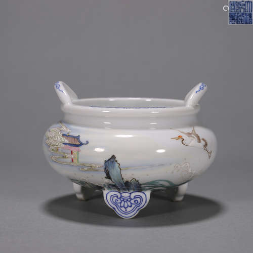 A blue and white famille rose crane porcelain censer