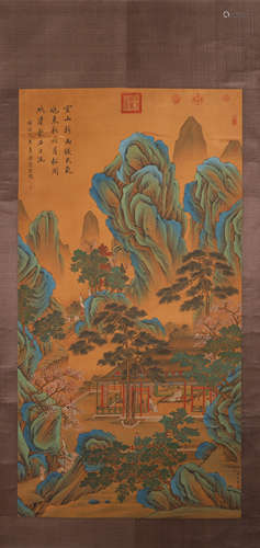 A Chinese landscape silk scroll painting, Dongyuan mark