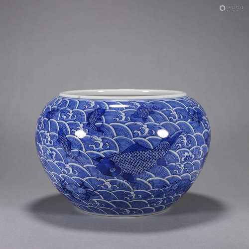 A blue and white seawater and fish porcelain vat