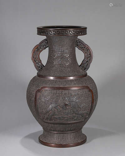 A phoenix bird patterned double-eared copper vase