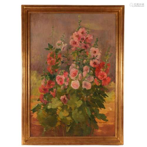 GRAND TABLEAU "NATURE MORTE AUX ROSES TRÉMIÈRES", ...