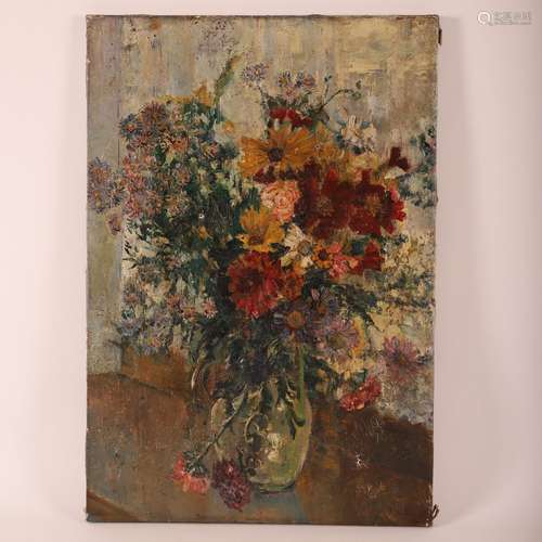 TABLEAU "BOUQUET DE FLEURS AU VASE", XXe <br />
Hu...