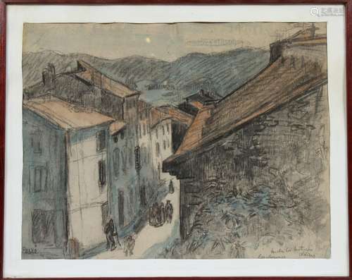 DESSIN "VUE DE VILLAGE ANIMÉE" de Jean PESKÉ (1870...