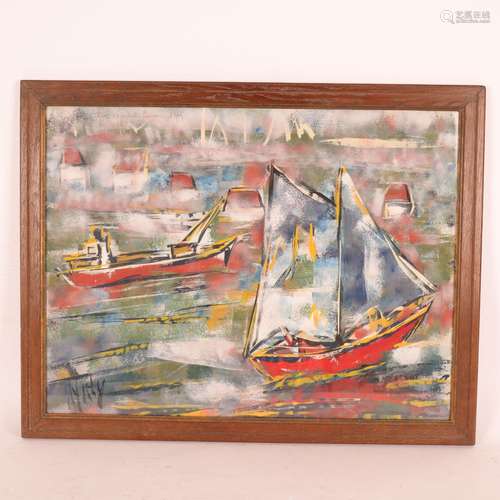 GOUACHE MARINE "AU VOILIER" de Henry D'ANTY (1910-...