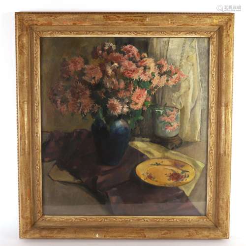 TABLEAU "NATURE MORTE AUX DALHIAS" de MM. PETEN (X...